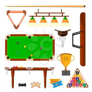 Snooker Icons Set Vector. Snooker, Billiard Accessories. Balls, Cue, Green Table Lamp Isolated Illustration
