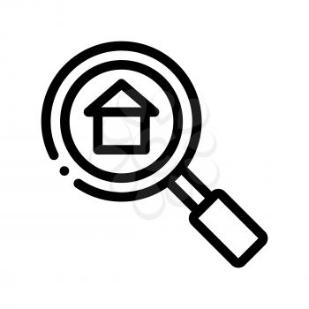 Magnifier Search Estate Vector Thin Line Icon. House Building In Magnifier Linear Pictogram. Mortgage On Real Estate, Rent, Buy Or Sale Apartment Garage Contour Monochrome Illustration