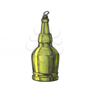 Hand Drawn Screw Cap Closed Bottle Of Beer Vector. Design Sketch Retro Bottle Of Alcoholic Drink Or Carbonated Water. Concept Color Glass Container And Ring On Top Template Cartoon Illustration