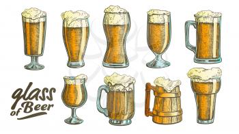 Hand Drawn Glass With Foam Bubble Beer Set Vector. Glass And Wooden Goblet With Alcoholic Cold Beverage Light Lager Or Ale. Closeup Color Tavern Mug With Drink Template Illustrations