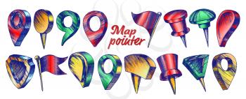Collection Of Different Map Pointer Set Vector. Thumbtack Pushpin Pointer And Gps Location Marker In Triangle Drop Cylinder Shield And Flag Form. Designed In Vintage Style Color Illustrations
