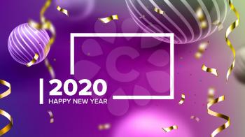 Creative Invitation Card Celebrating 2020 Vector. Realistic Purple Striped Balls And Number 2020 Two Thousand Twenty Decorated Yellow Glossy Foil On Card. Colorful Horizontal Postcard 3d Illustration