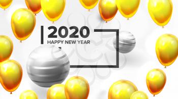 Bright Invite Card Happy New Year Banner Vector. Greeting-card Decorated Yellow Air Balloons And Golden Foil Celebration Background. Horizontal Postcard 3d Illustration