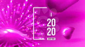Beautiful Happy New Year Xmas 2020 Banner Vector. Realistic Striped Christmas-tree Balls And Number 2020 Two Thousand Twenty Decorated Glints Background. Creative Post Card 3d Illustration