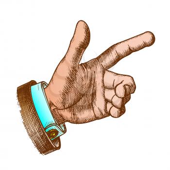 Male Hand Make Gesture Forefinger Color Vector. Man Showing Gesture Sign Looks Like Holding Gun and Ready For Shoot Or Push Button. Middle Annulary And Pinkie Finger. Gesturing Signal Illustration