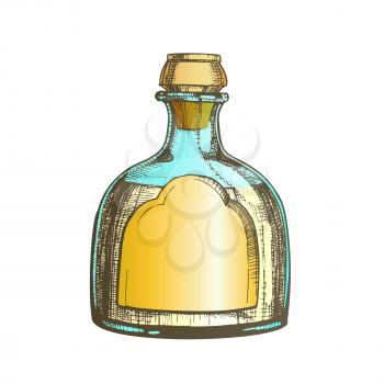 Blown Classic Mexican Tequila Glass Bottle Vector. Hand Drawn Modern Bottle With Blank Label For National Mexico Alcohol Drink Product. Made From Blue Agave Plant Beverage Package Color Illustration