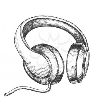 Listening Audio Device Cable Headphones Vector. Mobile Electronic Gadget Headphones For Listen Music Concert. Melomane Stereo Dynamics Earphone Equipment Hand Drawn In Retro Style Illustration