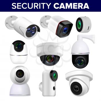 Video Surveillance Security Cameras Set Vector. Collection Of Different Control Recording And Inspection Electronic Cameras. Protection Property System Technology Realistic 3d Illustration