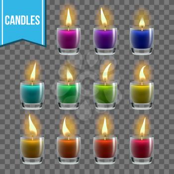 Candles Set Vector. Glass Jar. Christmas Lighter. Wax Design. Romantic Object. Transparent Background. Realistic Illustration