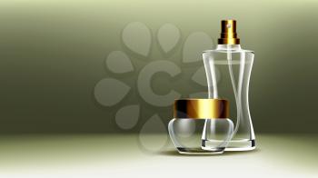Cosmetic Glass Branding Background Vector. Soft Spray. Perfume, Essence. Oil, Water. Bottle. Jar. 3D Transparent Realistic Mockup Template Illustration