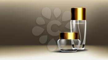Cosmetic Glass Design Vector. Face Care. Facial Lotion. Spa, Makeup. Bottle. Jar. 3D Transparent Realistic Mockup Template Illustration