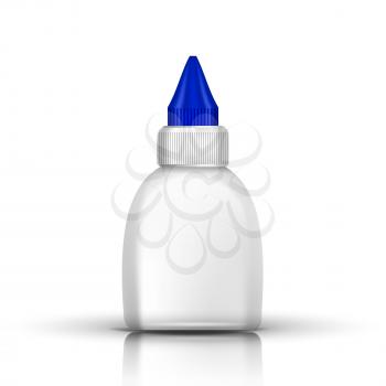 Realistic White Bottle Of Glue Packing Vector. Template Empty Plastic Bottle Container Stick With Blue Top. Superglue For Fixing And Gluening Paper Blank Label Concept. Isolated 3d Illustration