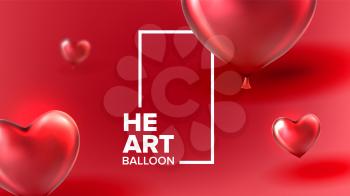 Beautiful Decoration For Valentine Day Vector. Realistic Bright Red Balloons In Shape Of Heart For February Romantic Love Day Party. Colorful Beautiful Amour Postcard 3d Illustration