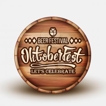 Wooden Barrel With Engraving Invitation Vector. Barrel With Text Advertising Of Beer Festival Oktoberfest Celebrate. Colorful Bright Brown Container Front View Realistic 3d Illustration
