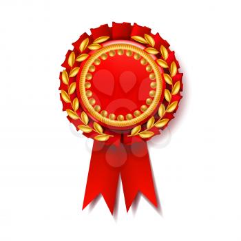 Red Award Ribbon Vector. Success Emblem. Promotion Brochure. Pesentation Win. 3D Realistic Illustration