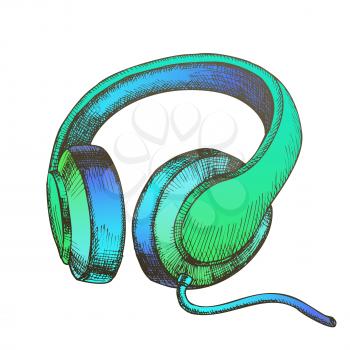 Color Listening Audio Device Cable Headphones Vector. Mobile Electronic Gadget Headphones For Listen Music Concert. Melomane Stereo Dynamics Earphone Equipment Hand Drawn In Retro Style Illustration
