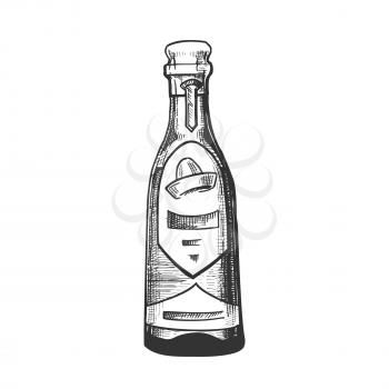 Traditional Mexican Tequila Drink Bottle Vector. Glass Bottle With Blank Label And Designed Sombrero For Classical Alcohol Drink Produced In Mexico. Vodka Made From Cactus Cartoon Illustration