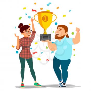 Business Man, Woman Achievement Concept Vector. Best Workers Celebrating Success. Attainment. Management Goal Victory. Golden Cup Award. Flat Cartoon Illustration