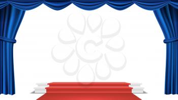 Podium Under Blue Theater Curtain Vector. Ceremony Award. Presentation. Pedestal Winners. Isolated Illustration