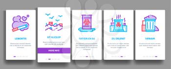 Pollution of Nature Vector Onboarding Mobile App Page Screen. Environmental Pollution, Chemical, Radiological Contamination Linear Pictograms. Gas, CO2 Emissions, Dirty Soil, Water, Air Illustration