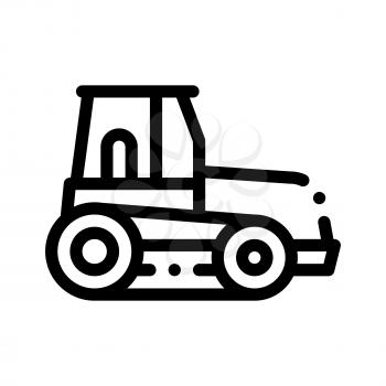 Caterpillar Tractor Vehicle Vector Thin Line Icon. Agricultural Transport Tractor, Harvesting Machinery Linear Pictogram. Industry Machine Black And White Contour Illustration