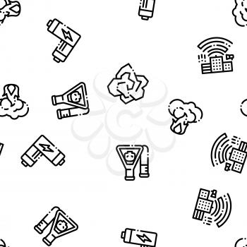 Pollution of Nature Vector Seamless Pattern. Environmental Pollution, Chemical, Radiological Contamination Linear Pictograms. Gas, CO2 Emissions, Dirty Soil, Water, Air Color Contour Illustrations