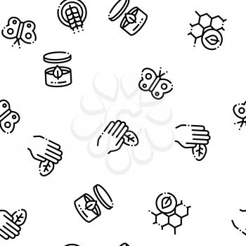 Organic Cosmetics Vector Seamless Pattern. Organic Cosmetics, Natural Ingredient Linear Pictograms. Eco-friendly, Cruelty-free Product, Molecular Analysis, Scientific Research Contour Illustrations