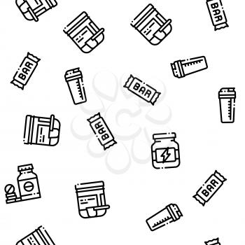 Sport Nutrition Cells Vector Seamless Pattern. Sport Nutrition for Sportsmen Linear Pictograms. Dietary Nutrition, Protein Ingredients, Wheys, Bars for Bodybuilding Color Contour Illustrations