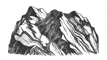 Peak Of Rocky Mountain Landscape Hand Drawn Vector. Mountain Formed Through Geological Process Tectonic Forces. Pencil Designed Slope Clift Hill Template Black And White Illustration