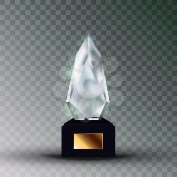 Shiny Glass Trophy Award In Crystal Form Vector. Glossy Trophy On Black Plastic Stand With Blank Golden Nameplate. Prize For First Place On Sport Competition Template Realistic 3d Illustration