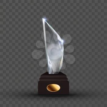 Reflection Glass Trophy In Crystal Shape Vector. Glossy Trophy On Wooden Pedestal With Empty Golden Oval Plate. Sport Reward For First Place Championship Template Realistic 3d Illustration