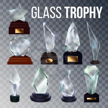 Different Form Collection Glass Trophy Set Vector. Glossy Award Trophy On Wooden And Plastic Stand With Blank Golden Nameplate. Reward For First Place Championship Template Realistic 3d Illustrations
