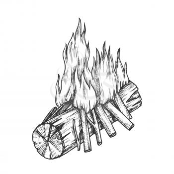 Traditional Burning Wooden Stick Monochrome Vector. Burning Timber And Little Branches Bonfire Flame. Camping Tourist Element Designed In Vintage Style Black And White Illustration