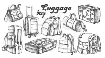 Collection Of Different Luggage Ink Set Vector. Assortment Of Luggage Bag For Business Trip, Extreme Tourist Travel. Modern And Retro Suitcases Designed In Vintage Style Black And White Illustrations