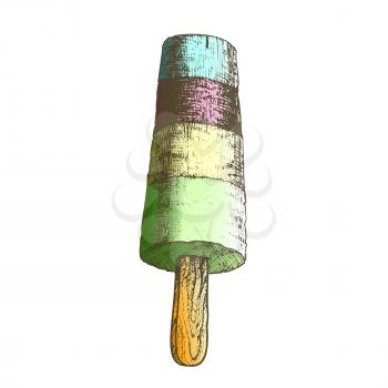 Color Popsicle Frozen Ice On Stick Monochrome Vector. Stick Confection Fruit Flavor Freeze Dessert Concept. Refreshing Product Hand Drawn In Vintage Style Template Illustration