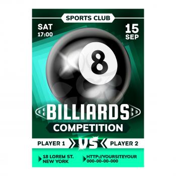 Billiard Sport Game In Bar Advertise Poster Vector. Playing Tool Black And White Ball Number Eight And Stick For Hit Sphere On Billiard Table On Banner. Concept Template Colored Illustration