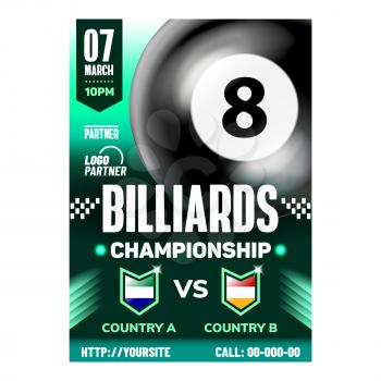 Billiard Professional Sport Event Banner Vector. Billiard Gaming Black Ball Number Eight On Promotion Poster. Active Recreational And Leisure Sportive Hobby Game Colored Concept Mockup Illustration