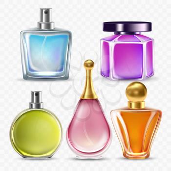 Perfume Glass Bottles Sprayer Collection Vector. Transparency Blank Perfumery Bottles In Different Form And Style Gift For Man Or Woman. Aromatic Fluid Containers Template Realistic 3d Illustrations