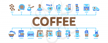 Coffee Energy Drink Minimal Infographic Web Banner Vector. Coffee Beans And Package, Grinder And Machine For Make Beverage, Cup And Pot Illustration