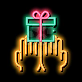Hands Giving Gift neon light sign vector. Glowing bright icon Hands Giving Gift sign. transparent symbol illustration