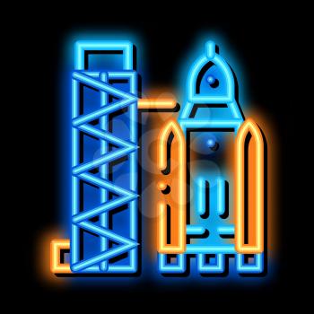 Tower With Space Ship neon light sign vector. Glowing bright icon Tower With Space Ship sign. transparent symbol illustration