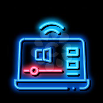 Online Podcast On Laptop neon light sign vector. Glowing bright icon Online Podcast On Laptop sign. transparent symbol illustration