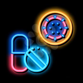 Pills And Virus neon light sign vector. Glowing bright icon Pills And Virus sign. transparent symbol illustration