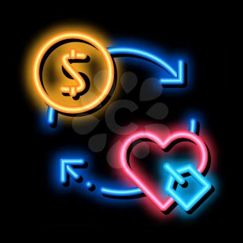 Heart Dollar Coin neon light sign vector. Glowing bright icon Heart Dollar Coin sign. transparent symbol illustration