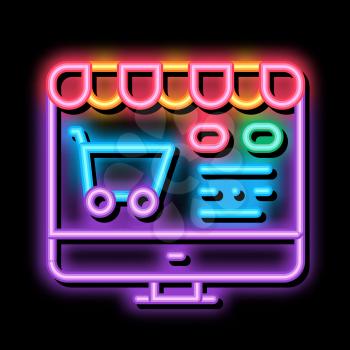 Online Shopping neon light sign vector. Glowing bright icon Online Shopping sign. transparent symbol illustration