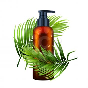 Lotion Bottle With Pump And Tree Branch Vector. Liquid Soap Blank Dispenser Bottle And Plant Green Leaves. Natural Moisturizer Skincare Cosmetic Package Template Realistic 3d Illustration