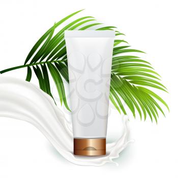 Cream Blank Tube Package And Tree Branch Vector. Organic Milky Cream Packaging, Milk Splash And Exotic Plant Green Leaves. Skin Care Healthy Cosmetic Template Realistic 3d Illustration