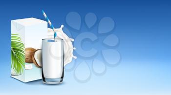 Coconut Milk Drink And Splash Copy Space Vector. Coconut Milky Beverage Glass With Straw And Blank Package, Crashed Nut And Palm Branch On Product Packaging. Template Realistic 3d Illustration