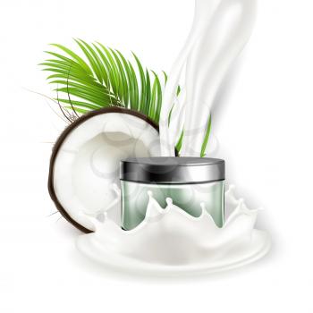 Coconut Natural Cream Cosmetic Package Vector. Crashed Coconut And Palm Green Leaves Branch, Nut Milk Splash And Blank Container With Creamy Skin Care Product. Template Realistic 3d Illustration