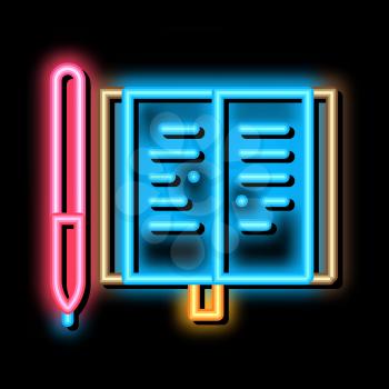 Notebook Pen neon light sign vector. Glowing bright icon Notebook Pen isometric sign. transparent symbol illustration